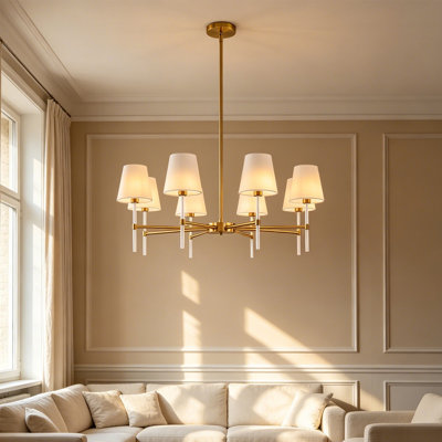 8-Light Metal Farmhouse Dining Room Light Fixture, Modern White Fabric Shade and Gold Chandelier - Dining Room Chandeliers Light, Height Adjustable Pendant Island Light for Kitchen, Living Room, Foyer, Entrance
