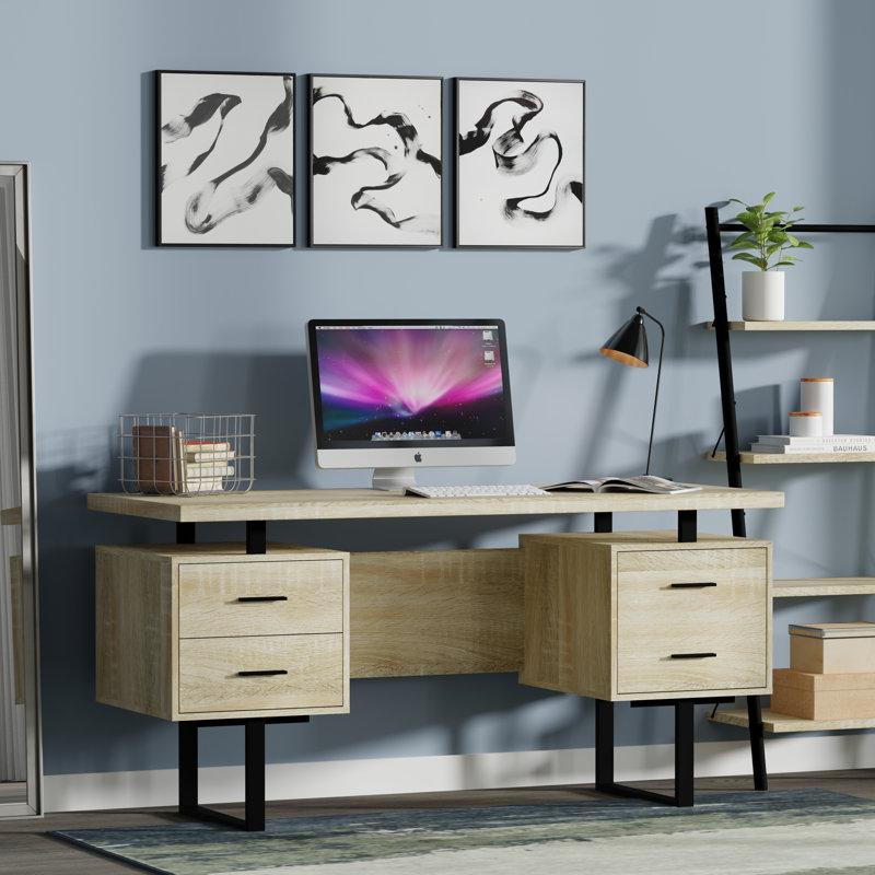 Auniya 60'' Desk, White Oak Top/Body, Black Metal/Hardware