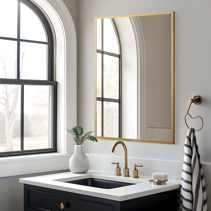 Kayelle 36"x24" Rectangle Black Aluminum Alloy Thin Framed Wall-Mounted Vanity Mirror (Set of 2), Gold, 36" x 24"