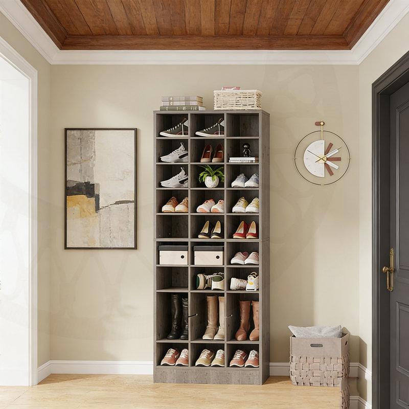 10-Tier Wooden Tresa Cabinet With 30 Cubbies For High-Capacity, Space-Saving Organization., Gray