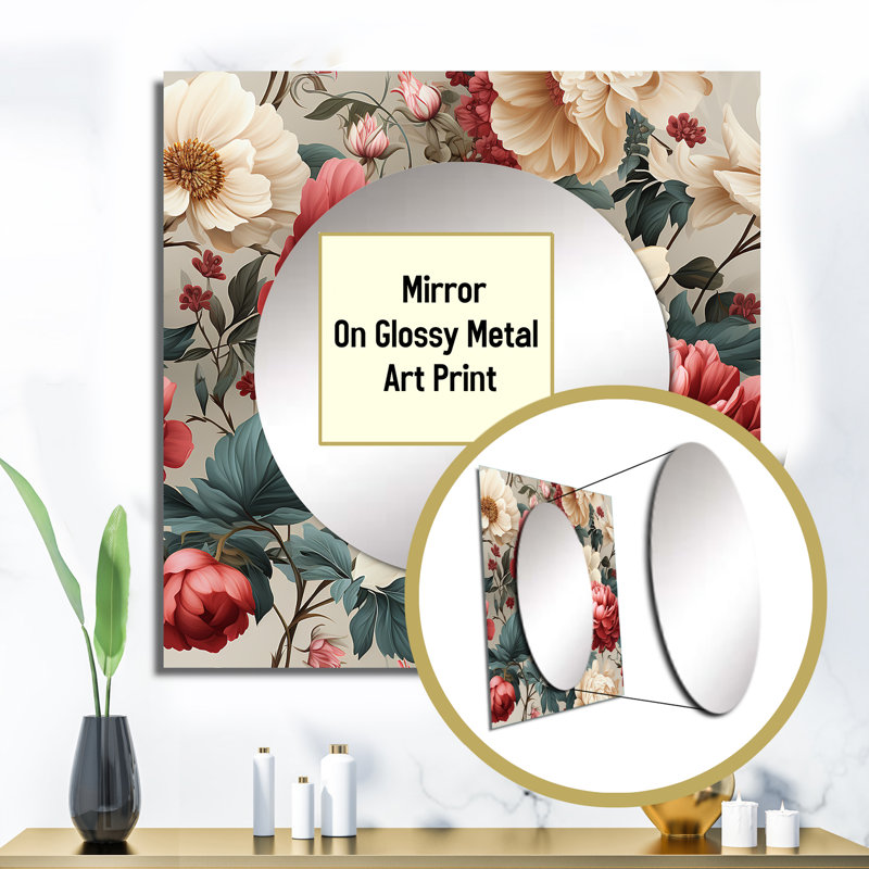 Antique Rose and Green Floral Square Mirror Wall Decor