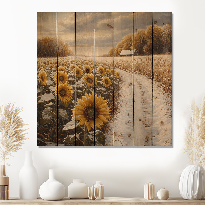 Tournesols le long du chemin enneigé I - Décoration murale en bois de tournesols - sur bois de pin naturel