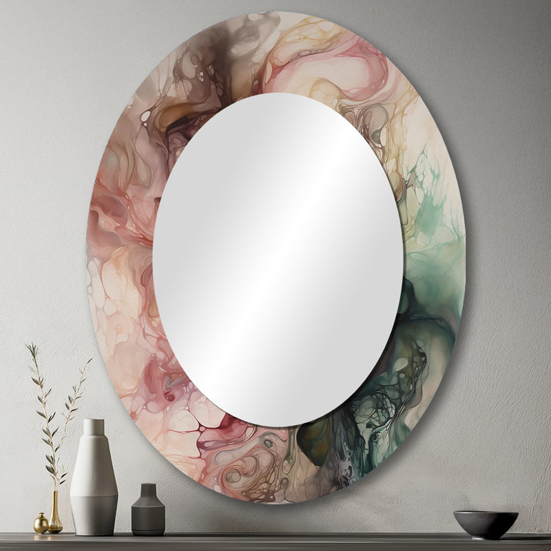Miroir décoratif ovale sur fond rose en métal rose et vert I, 43 po x 33 po