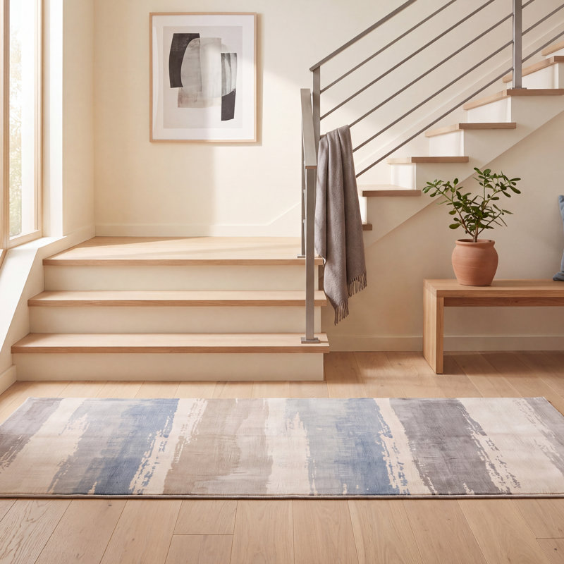 Tapis Jasmine moderne à rayures effet pinceau, bleu, gris et beige, lavable à la machine, antidérapant, à poils courts, pour l'intérieur et l'extérieur, adapté aux animaux domestiques, idéal pour le salon, la chambre, la salle à manger, l'entrée, le couloir ou le bureau.