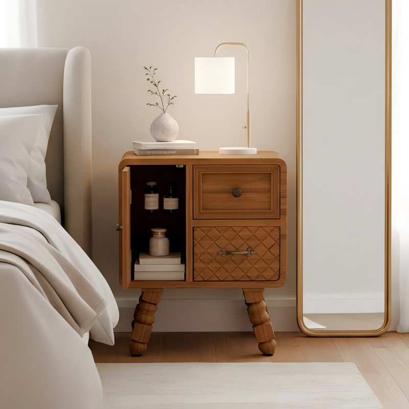 Table de chevet rétro en bois massif avec 2 tiroirs et armoire, table de bout antique pour chambre à coucher ou salon