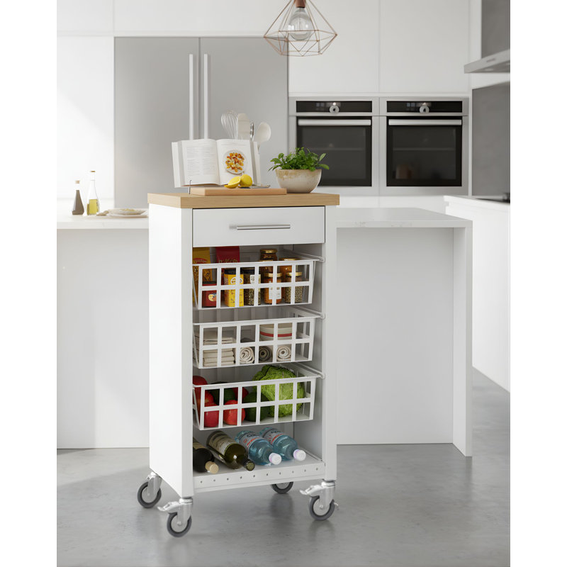 York 48cm W Kitchen Trolley with Elm Wood-Effect Top and Locking Wheels, White