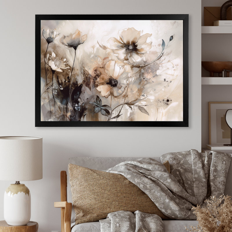 Delicate Warm Floral Impressions - Floral Wall Art Prints, Single Picture Framed, 24" H x 32" W, Black