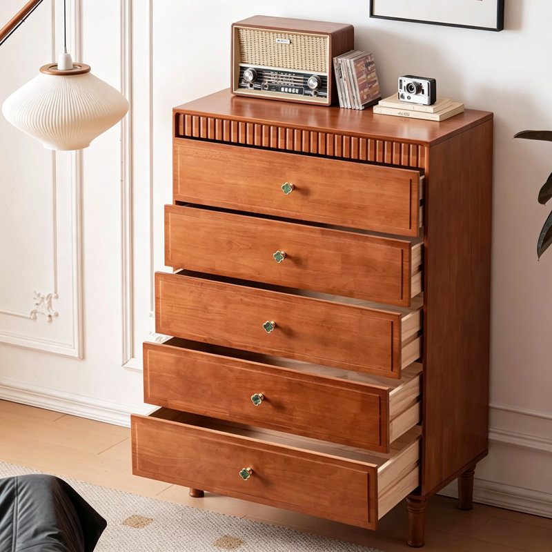 Solid Wood 5 Drawer Chest Storage Cabinet, Cherry/Black