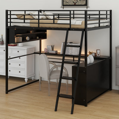 Lit mezzanine en métal avec DEL, bureau et tablettes