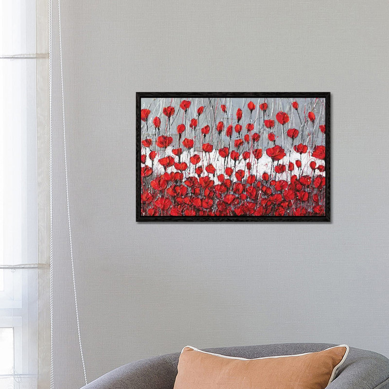 Poppies Landscape 1 Piece Painting on Canvas, 45.72cm H x 66.04cm W x 3.81cm D, Black Framed