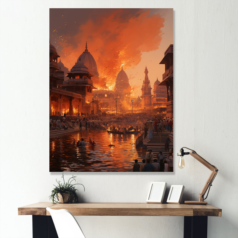«Indian Art Orange Varanasi Ghats», art mural indien encadré, Toile tendue, H 44 po x l 34 po x P 1,5 po