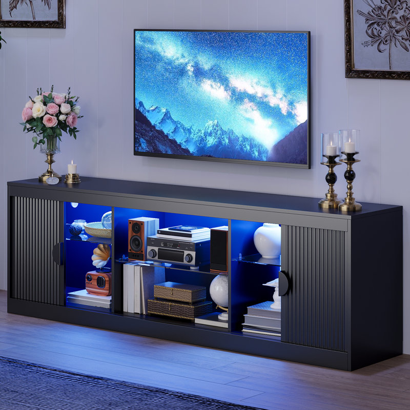 70" Fluted TV Stand for TVs Up To 80" with LED Lights Glass Shelves and Open Storage,Black