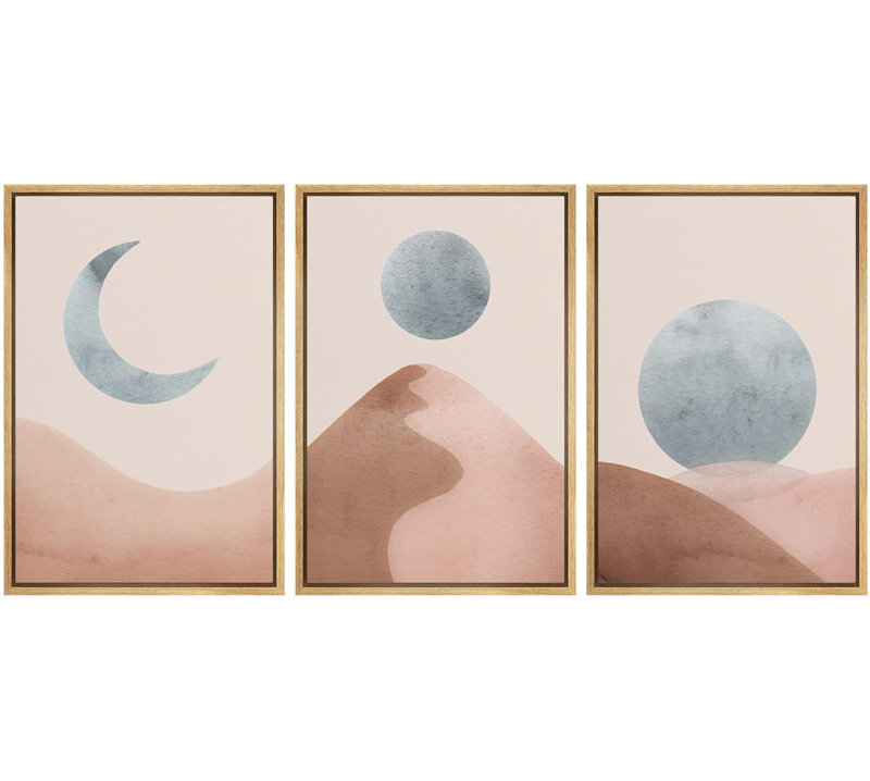 Abstract Mountain " Pastel Moon & Sun Desert Landscape Abstract Nature Modern Art Decor Panorama Pictures " 3 - Pieces