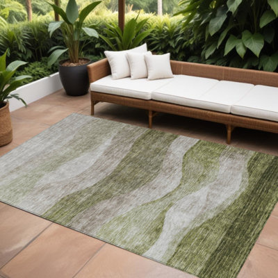 Tapis extérieur lavable abstrait vert et beige 9 pi x 12 pi