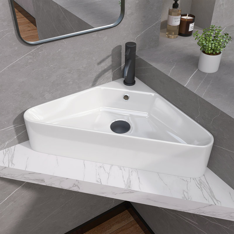 22,5 po x 16,5 po x 5 po Lavabo de salle de bain d'angle mural en céramique dans un récipient blanc suspendu avec trop-plein