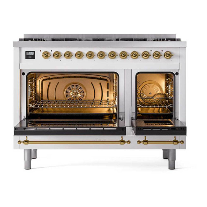 ILVE UPD406NMP Nostalgie II 48 inch Dual Fuel Range with 8 Total Black Brass Burners (Limited Edition), White, Natural Gas