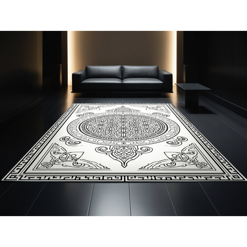 Machine Washable Wynsum Classic Oriental Rug in Beige – Black Binding, 7x10