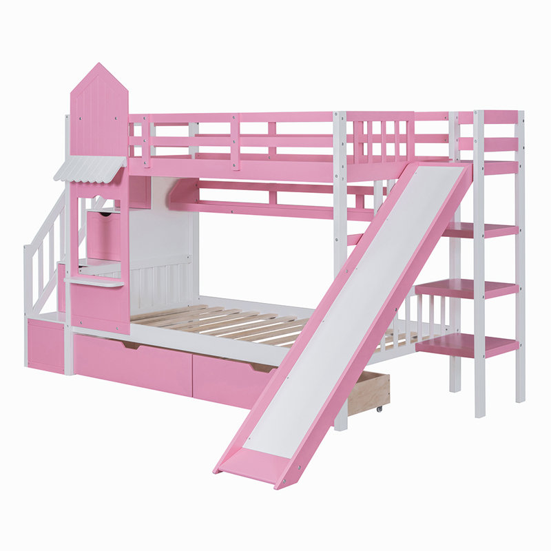 Anuradha Castle Style Bunk Bed with 2 Drawers 3 Shelves and Slide, Twin, Pink