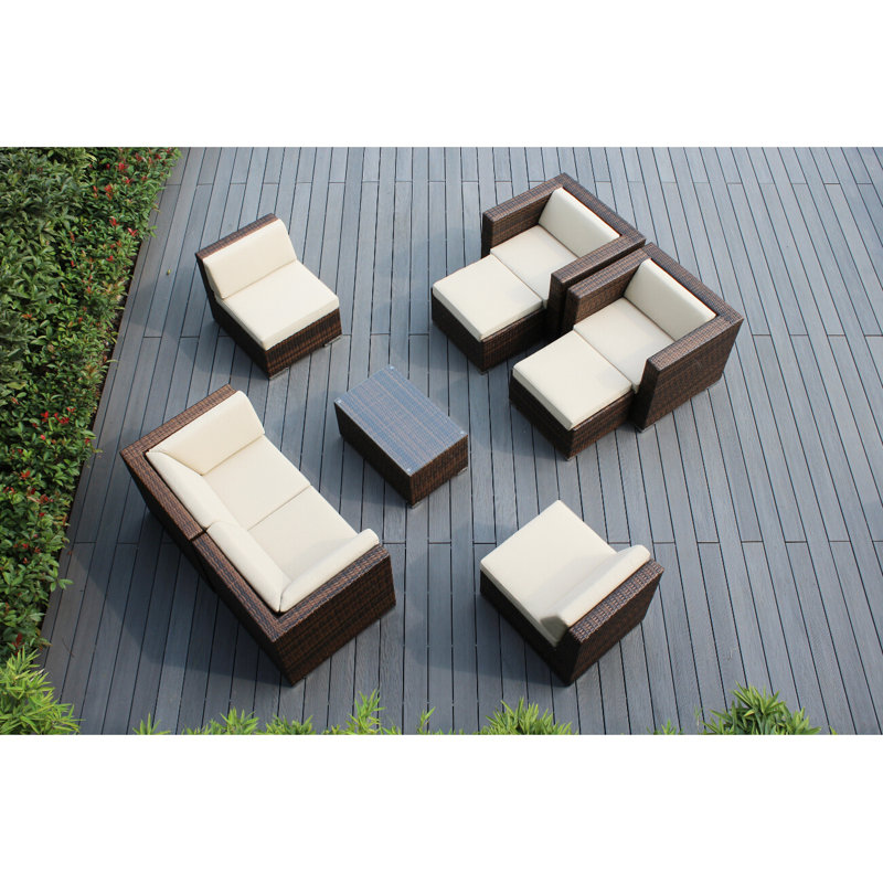 Bannan Wicker 6 - Person Seating Group with Cushions - No Assembly, Supercrylic Beige, Mixed Brown