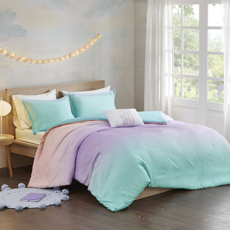 Full/Queen Aqua and Pastel Purple Ombre Glitter Duvet Cover Set