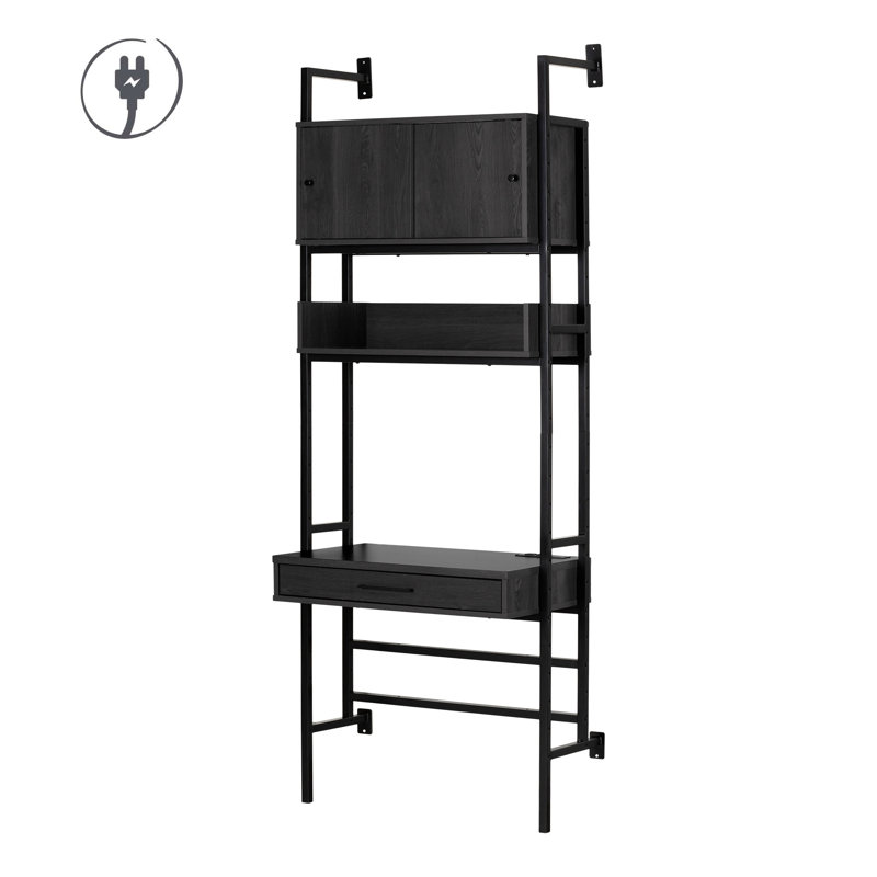 Gray Oak and Black Wall-Mounted Desk with Power Outlets and Storage