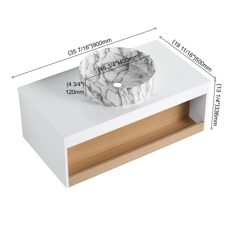 Meuble-lavabo mural 36 po, lavabo vasque rond, tablette ouverte, Marble White