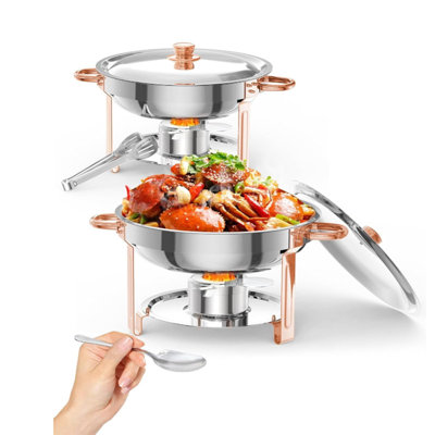 Ensemble 5 pièces de buffet à vaisselle rond 5QT en acier inoxydable avec couvercles, porte-couvercles, cuillère de service et pince à épiler pour les mariages, la restauration et les dîners