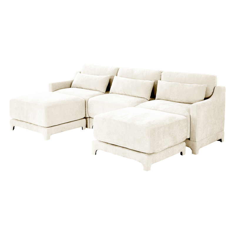 Trois places en chenille beige, 2 repose-pieds mobiles, coussin lombaire, rembourrage en mousse, conception élégante des accoudoirs, options de configuration flexibles en chenille avec mousse de résilience de soutien, base en bois robuste,
