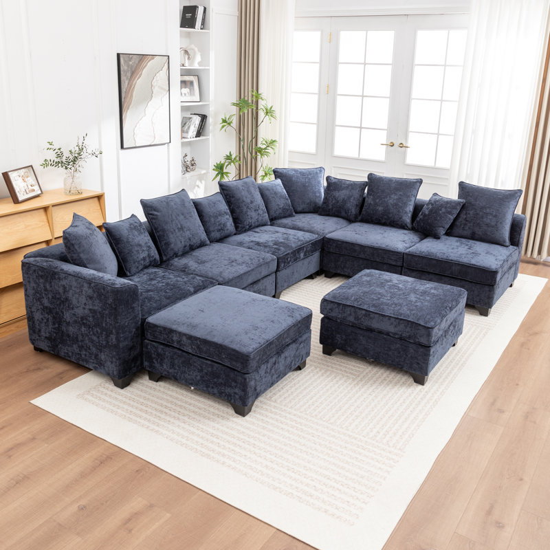 Kempson 8 - Piece Upholstered U-Shaped Sectional Sofa With Two Ottomans, Blue Polyester