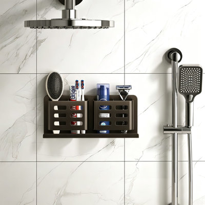 Aluminum Bathroom Organizer With 4 Slots, Self-Adhesive Wall Mounted Holder For Toothbrush, Razor, Comb, And Toiletries, Includes Drainage Holes And Cable Pass-Through