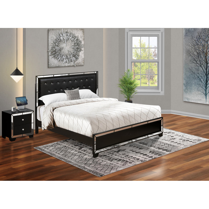 Ensemble de chambre avec très grand lit 2 pièces avec cadre très grand capitonné à boutons et table de chevet pour la chambre à coucher - Tête de lit en similicuir noir et pieds noirs