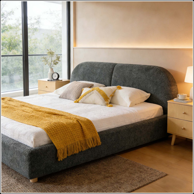Structure de lit tapissier avec tête de lit haute incurvée, Très grand lit, Gris foncé
