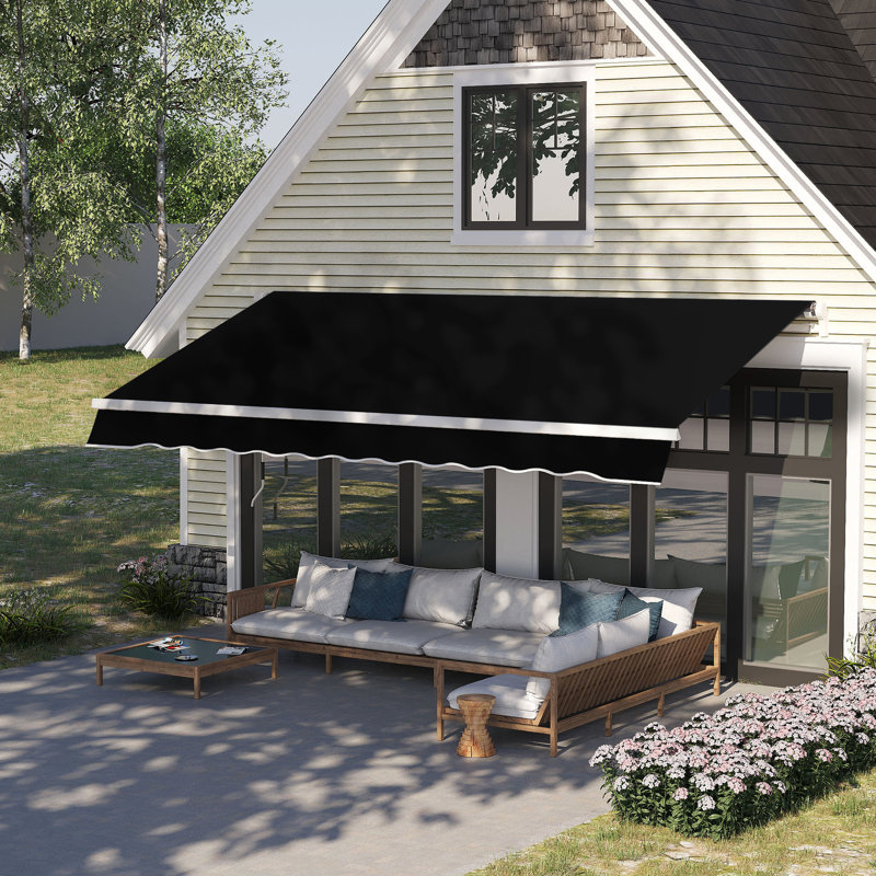 Auvent de patio 8 pi x 7 pi - soleil noir rétractable manuellement. S'ajuste facilement pour minimiser la lumière du soleil et la chaleur, compatible avec différentes surfaces, cadre en aluminium et en acier