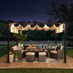 Sunjoy Naples Outdoor Pergola 9 x 12 ft. Patio Black Steel Frame Pergola with Retractable Beige Canopy Shade for Backyard