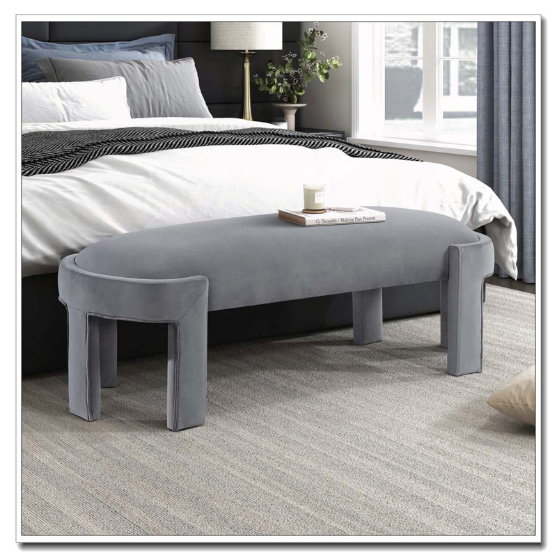 Velvet Fabric  Upholstered Bench, Gray