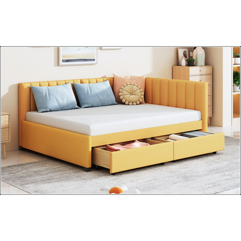 Full Upholstered Daybed with 2 Storage Drawers Sofa Bed Frame, Yellow
