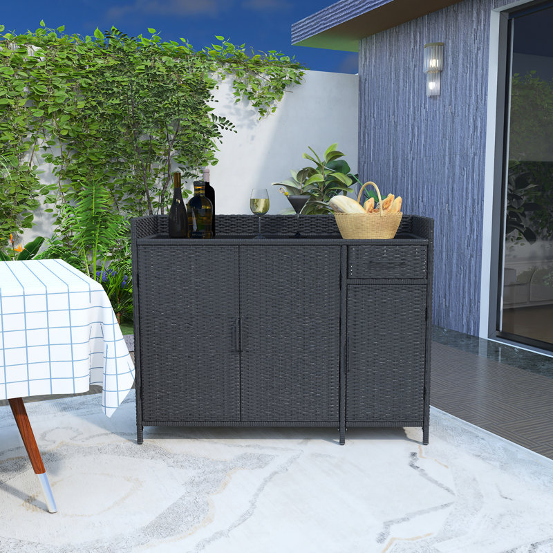 Wicker Outdoor Storage Cabinet With Tempered Glass Desktop, Black