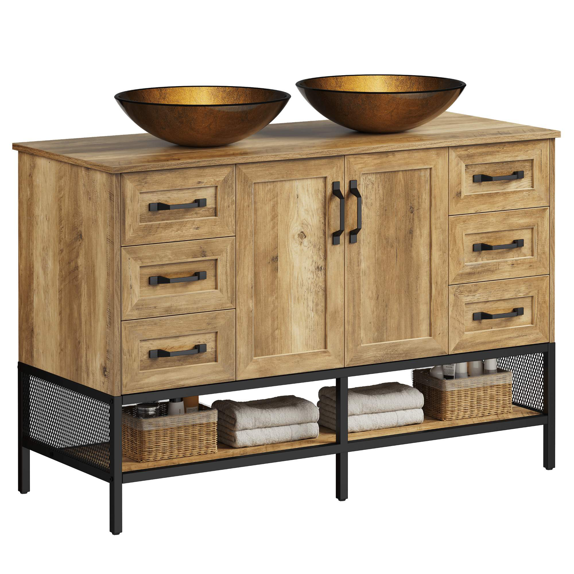 17 Stories Free Standing Rustic Double Bathroom Vanity with Glass ...