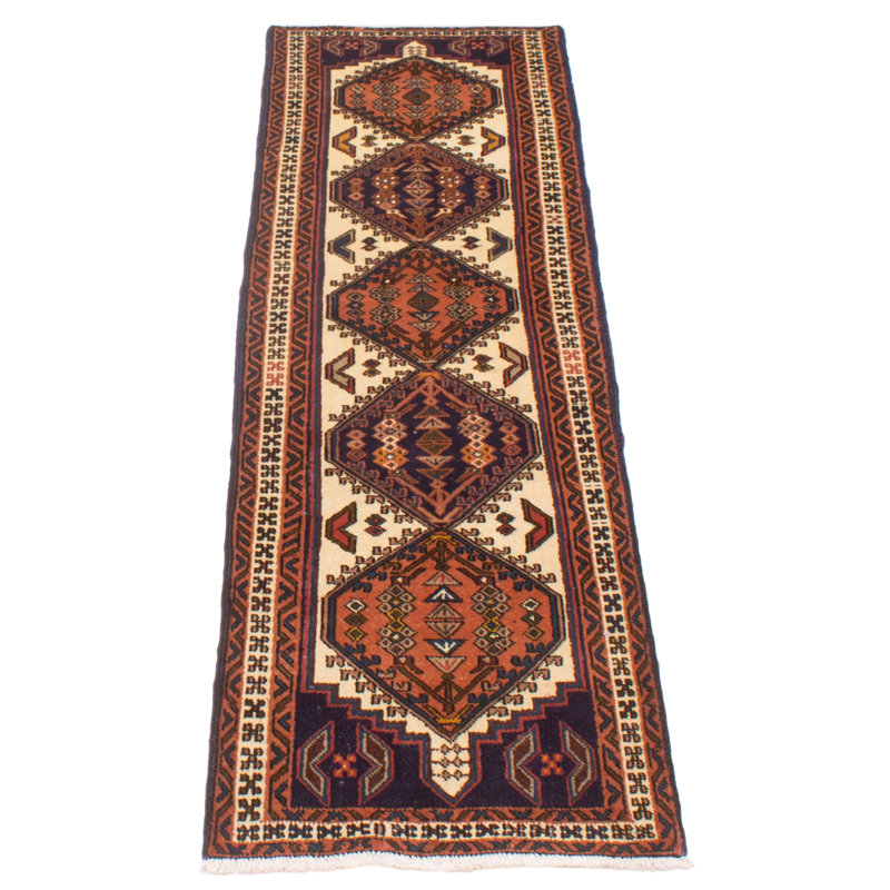 Tapis de couloir unique en laine noué à la main de style nouvel âge 2 pi 3 po x 9 pi Jesse-James crème / brun / bleu marine foncé