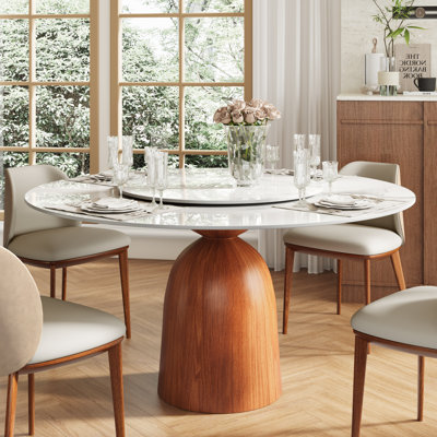 Mid-Century Modern Round Dining Table With Lazy Susan Turntable Solid Wood Base For Space-Saving