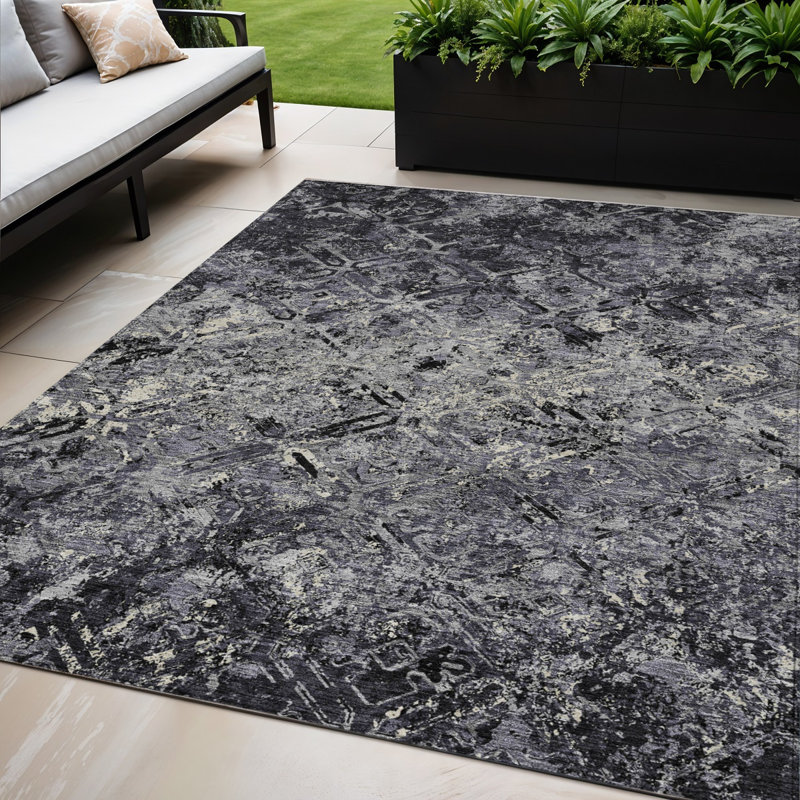 Tapis intérieur / extérieur 5 pi x 8 pi noir et gris à motif géométrique lavable