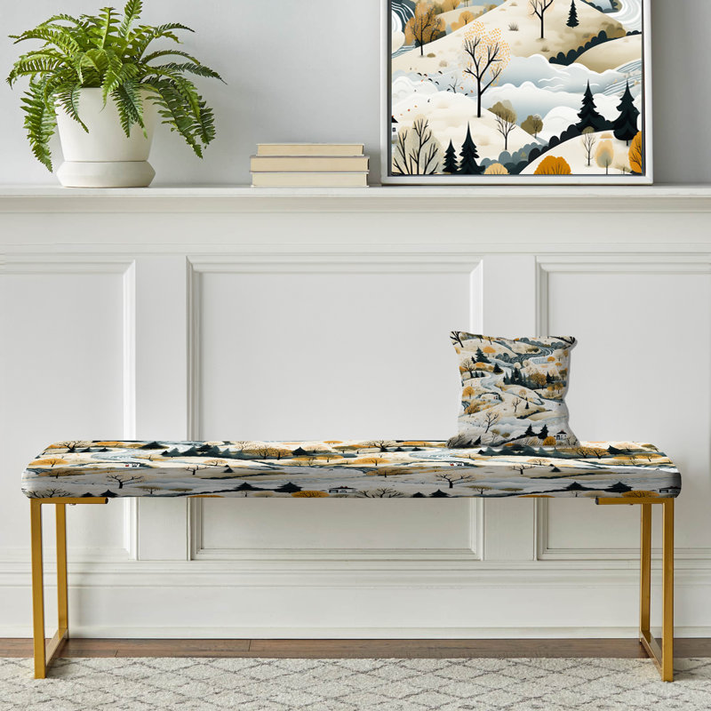 Winter Scandinavian Landscape - Floral Upholstered Gold Bench
