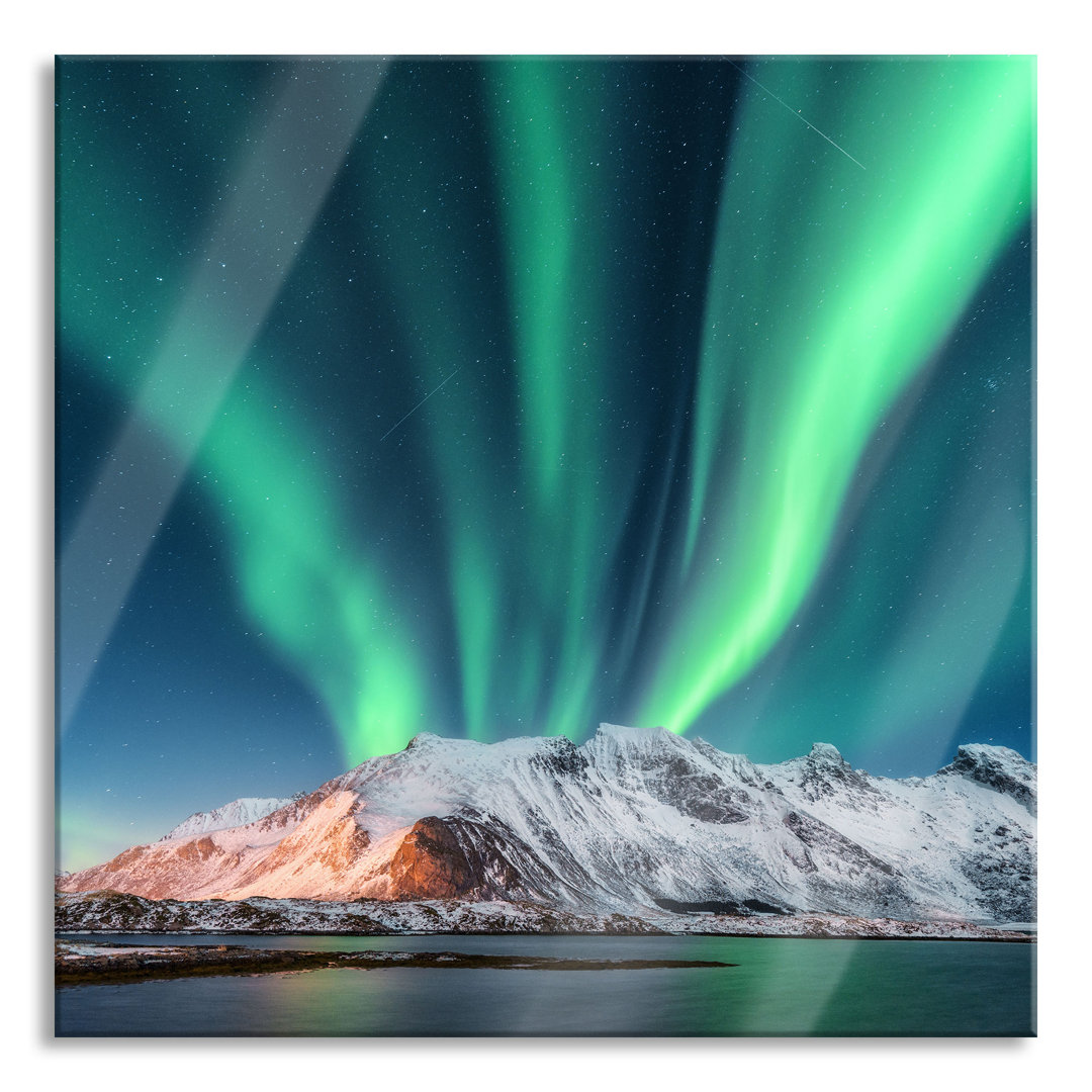 Glasbild Nordlichter über Gletscher in Norwegen