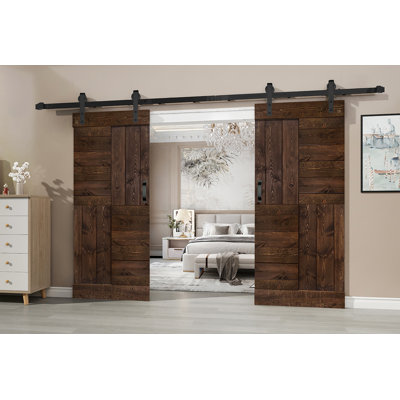 Porte de grange coulissante double en bois massif de style S avec trousse de quincaillerie (assemblage requis)