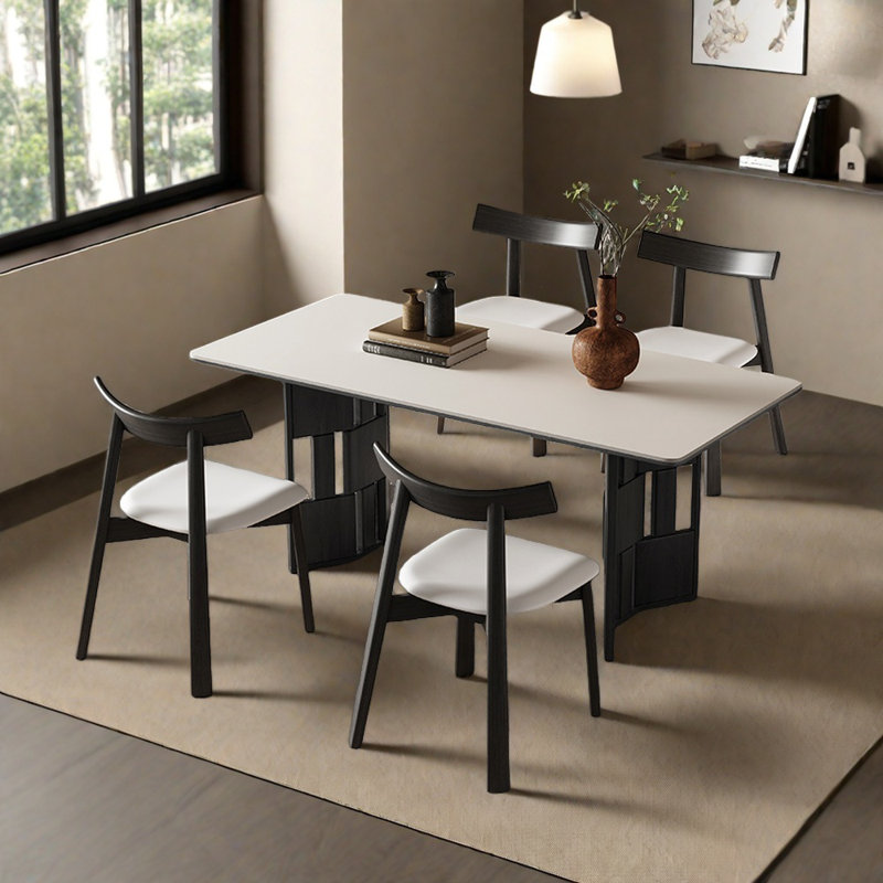 Rectangular rock plate solid wood dining table set, 29.52"H x 62.99"L x 31.49"W