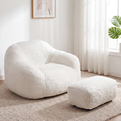 Corduroy Plush Bean Bag Set with Ottoman, Bean Bag Chair with 6-Point Full-Body Support & Zip-Off Removable Cover for Living Room, Bedroom