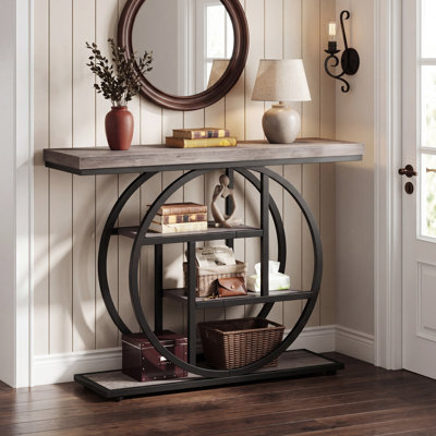 Console étroite de 41,3 po x l 11,8 po avec base circulaire, table d'entrée industrielle à 4 niveaux pour le salon, le couloir et le vestibule