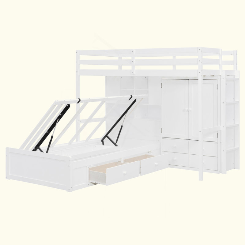 Lit superposé avec tiroirs, garde-robe, tablettes de rangement et lit hydraulique, Blanc
