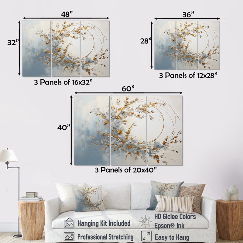 «Blue and Gold Wreath Flower IV - Wreath», ensemble d'art sur toile, Toile tendue, H 40 po x l 60 po x P 1 po