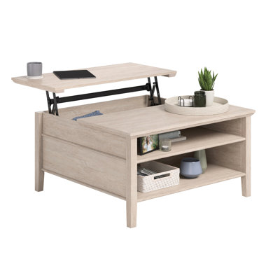 Brown Lift - Top Coffee Table With Oak Like Finish, For Work Brainstorming, Hidden Storage Books, Open Shelving, Finished All Around, Space Saving In Small Think Tanks, 36.14X19.29 Inches Table,